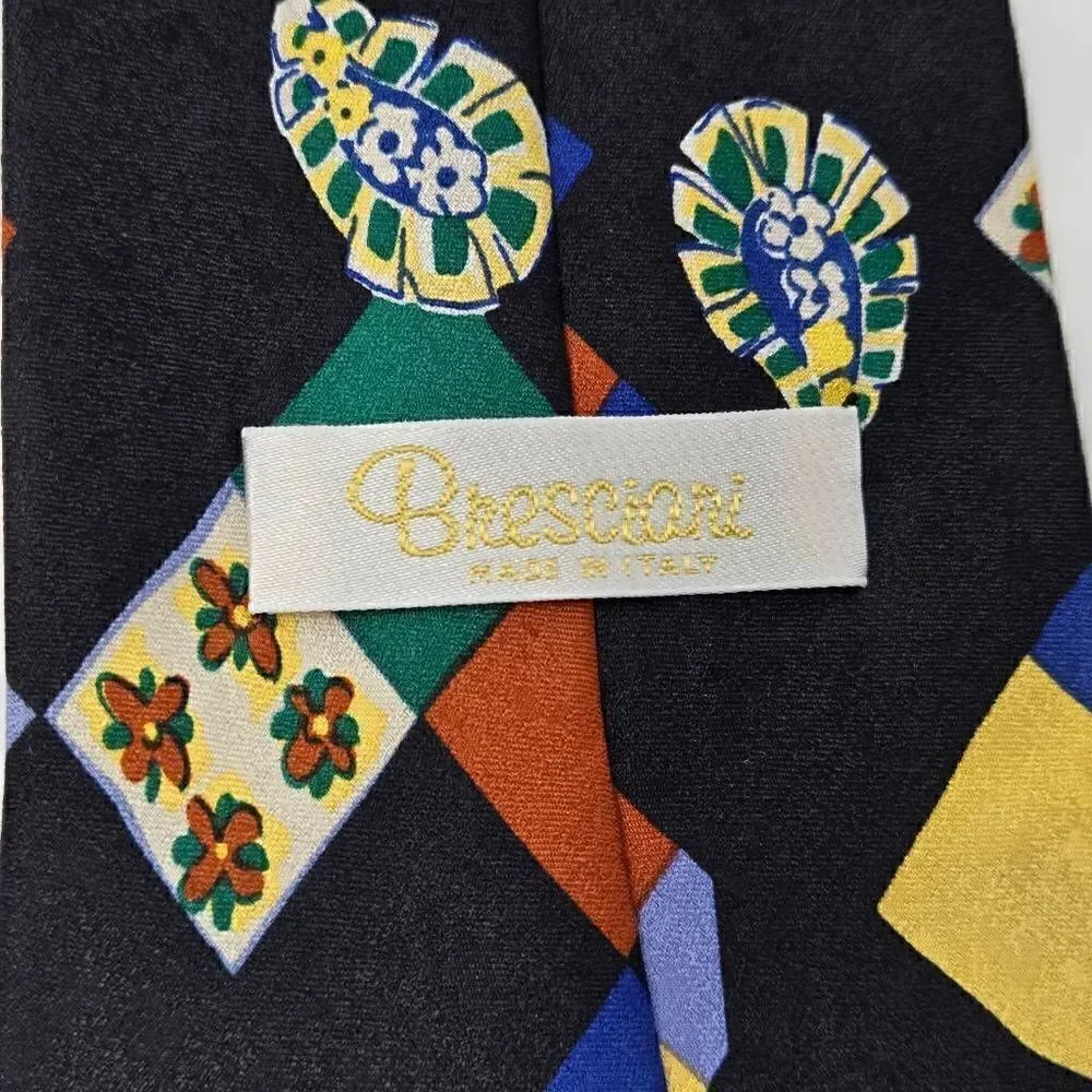 BRESCIANI MADE IN ITALY SILK TIE BLACK MULTI COLOR PAISLEY SQUARES 4